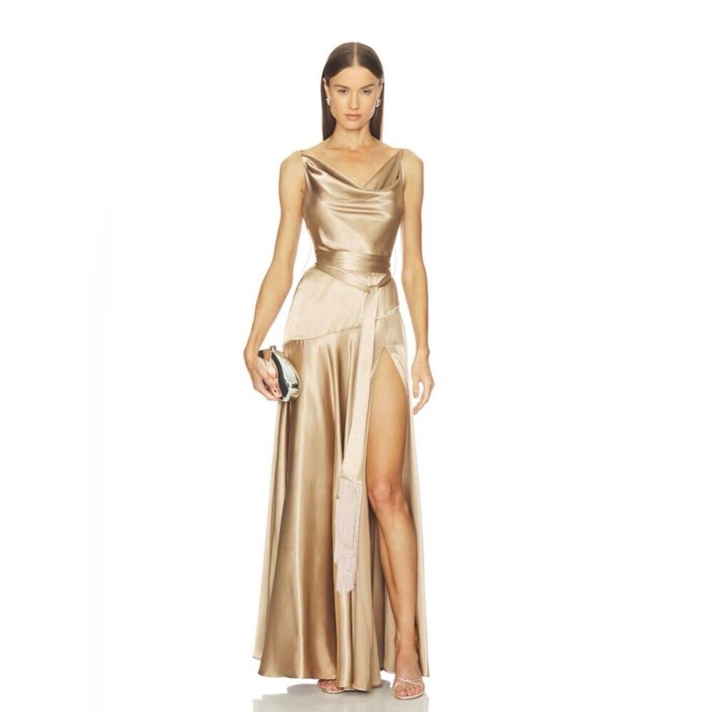 NEW Bronx Banco Leo Maxi Caramel Dress, Satin Cowl Neck High Slit Evening Gown